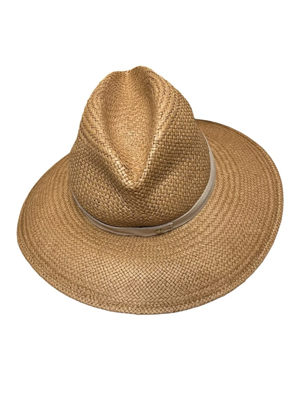 🌻NEW Cond. Janessa Leoné Zoe Packable Straw Fedora Brown Leather Band Size S